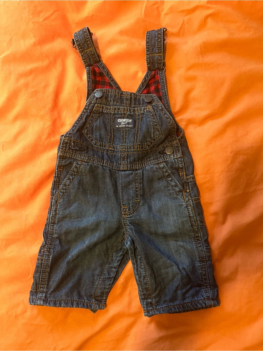 OshKosh B'gosh Dark Blue Denim Short Overalls with Red Plaid Lining